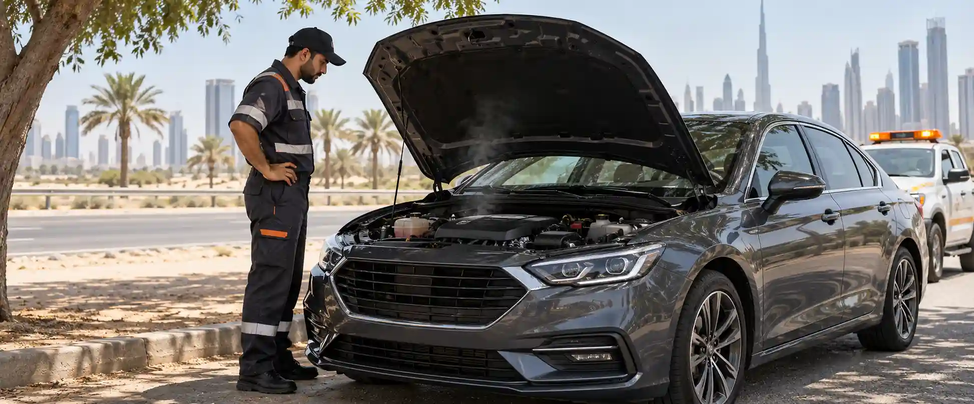 Technician looking over a steaming engine bay at the roadside in the UAE heat
