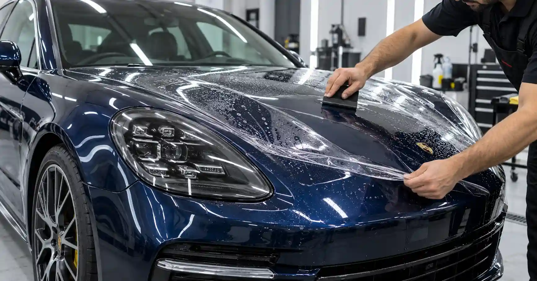 Paint protection film being squeegeed onto the bonnet of a dark blue Porsche Panamera