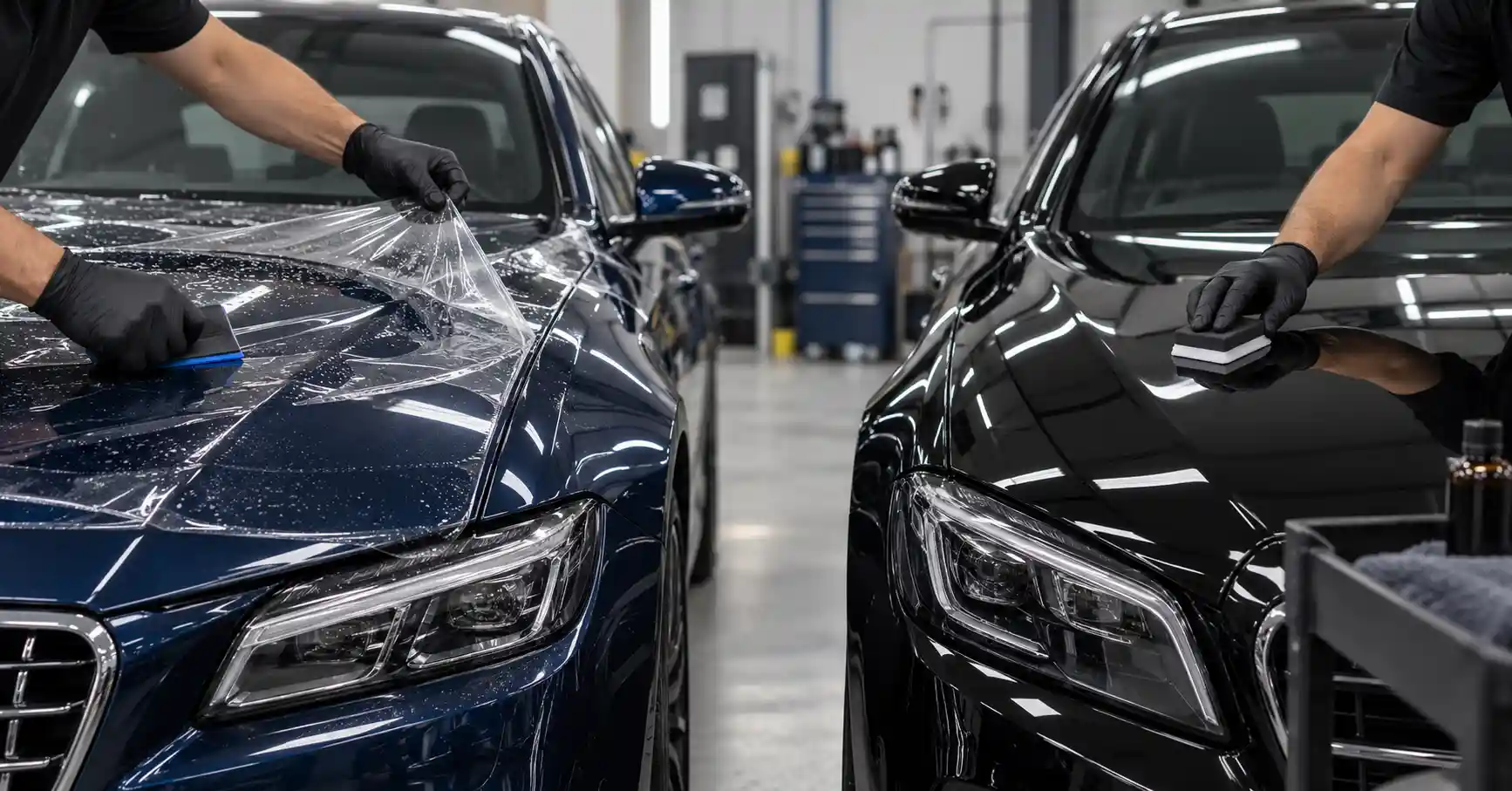 Paint protection film going onto one car while another is ceramic coated alongside it