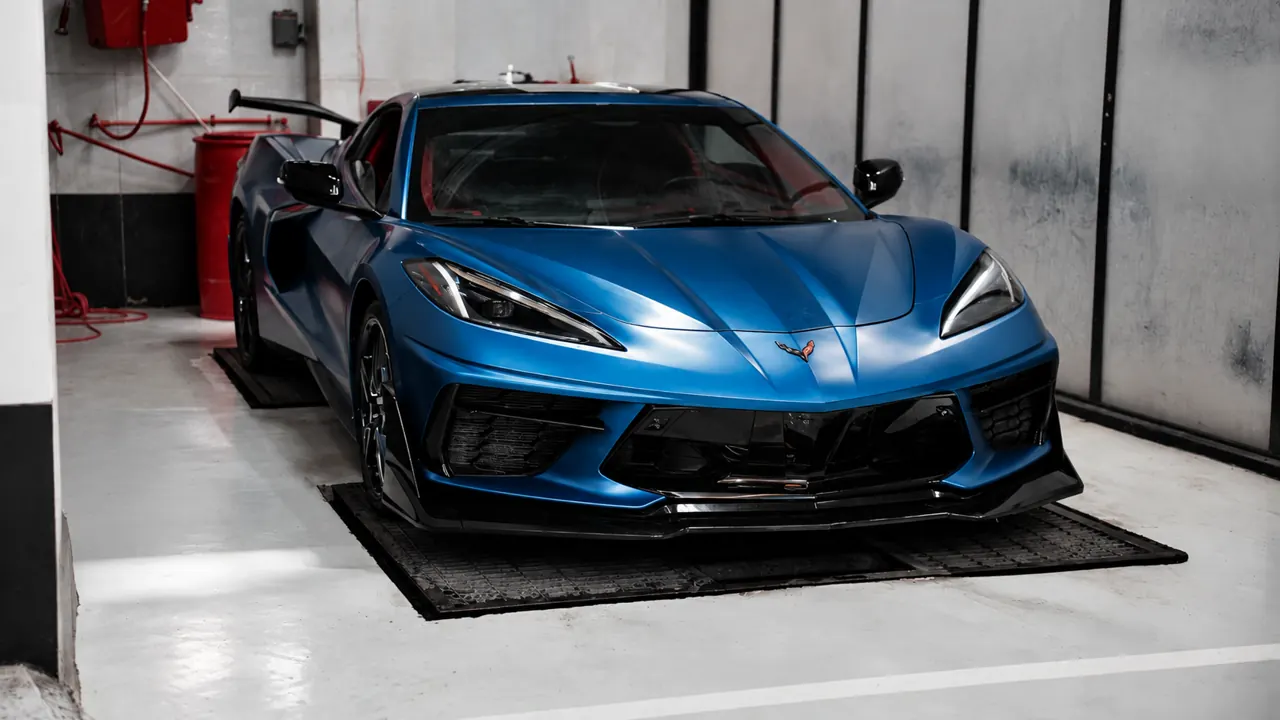 A C8 Corvette Stingray in the bay at Al Zaabi Autocare, Mussafah