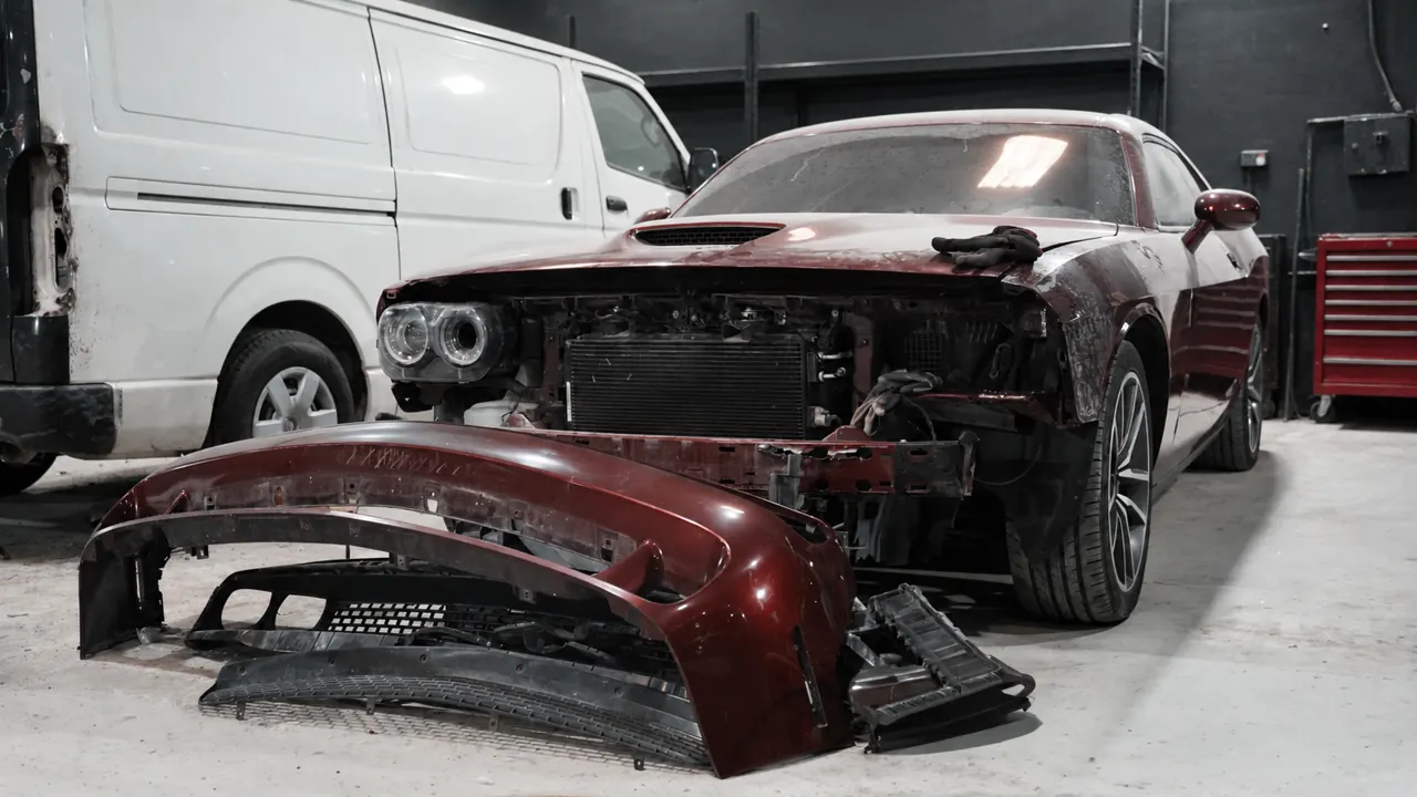 A Dodge Challenger stripped for body repair in the bay at Al Zaabi Autocare, Mussafah