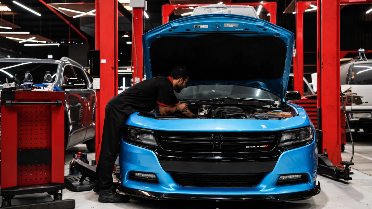 A technician working on a Dodge Charger in the bay at Al Zaabi Autocare, Mussafah