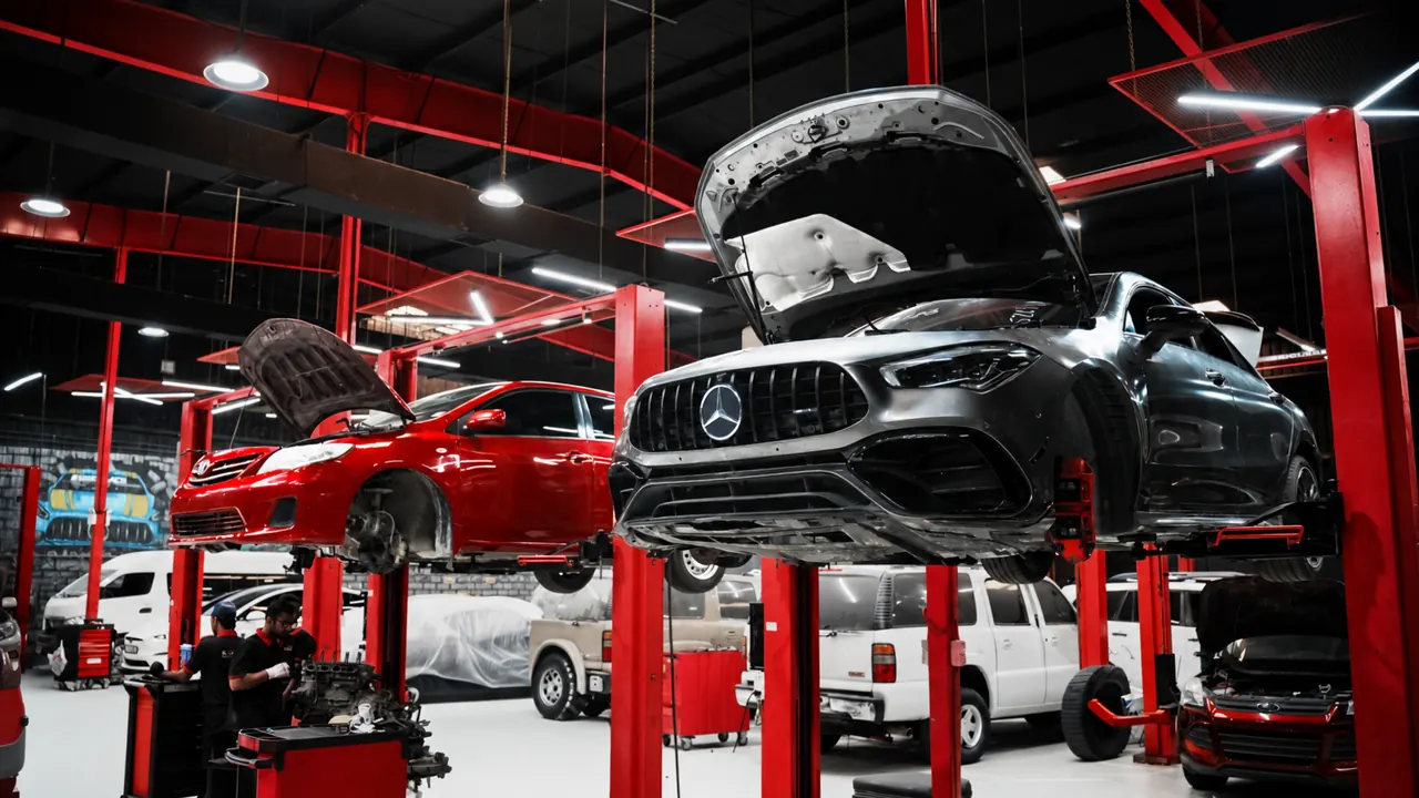 A Mercedes-AMG raised on a lift in the bay at Al Zaabi Autocare, Mussafah