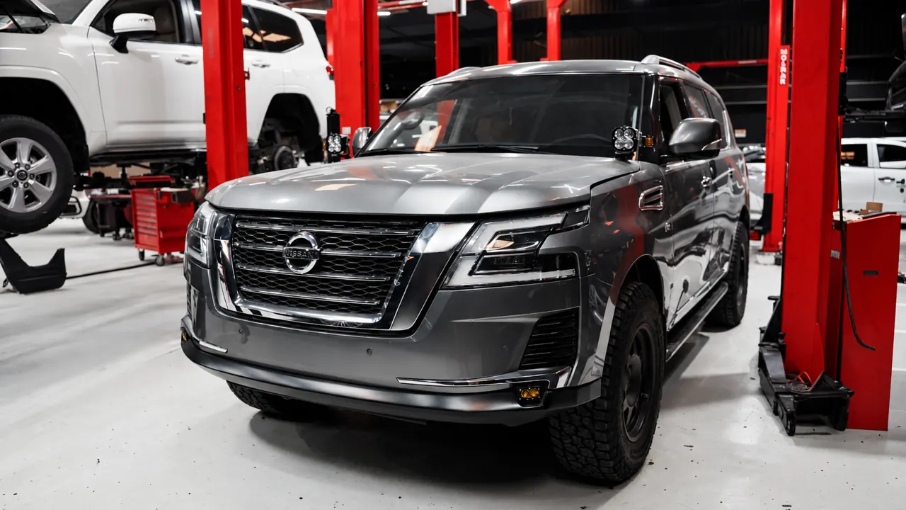 A Nissan Patrol in the bay at Al Zaabi Autocare, Mussafah