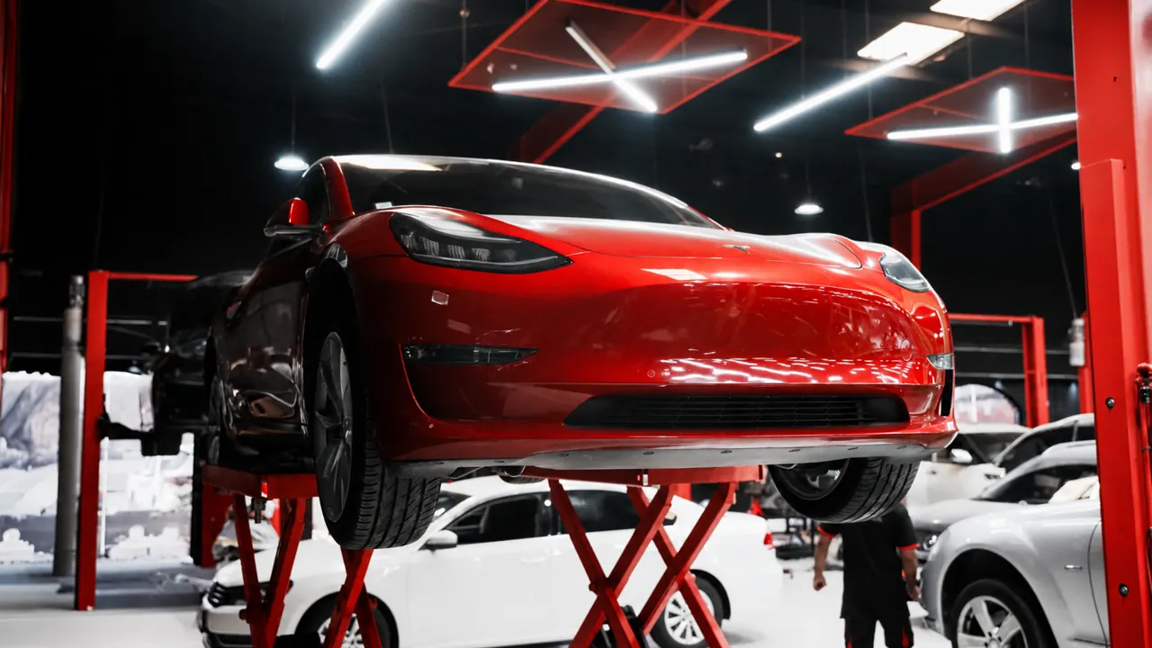 A Tesla Model 3 raised on a lift in the bay at Al Zaabi Autocare, Mussafah