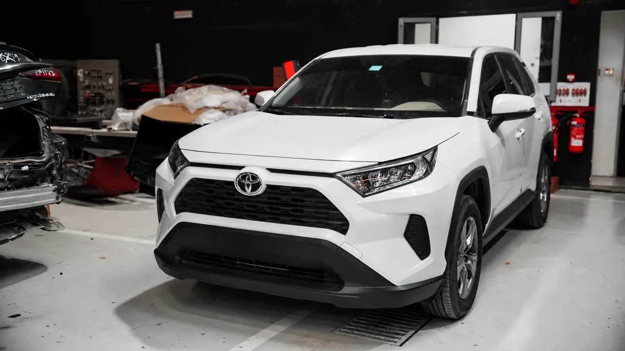 A Toyota RAV4 in the bay at Al Zaabi Autocare, Mussafah