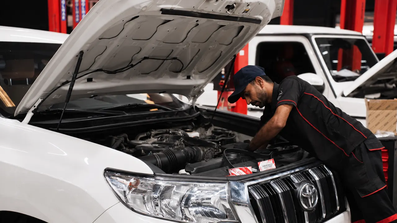 A technician working in the engine bay of a Toyota Prado in the bay at Al Zaabi Autocare, Mussafah
