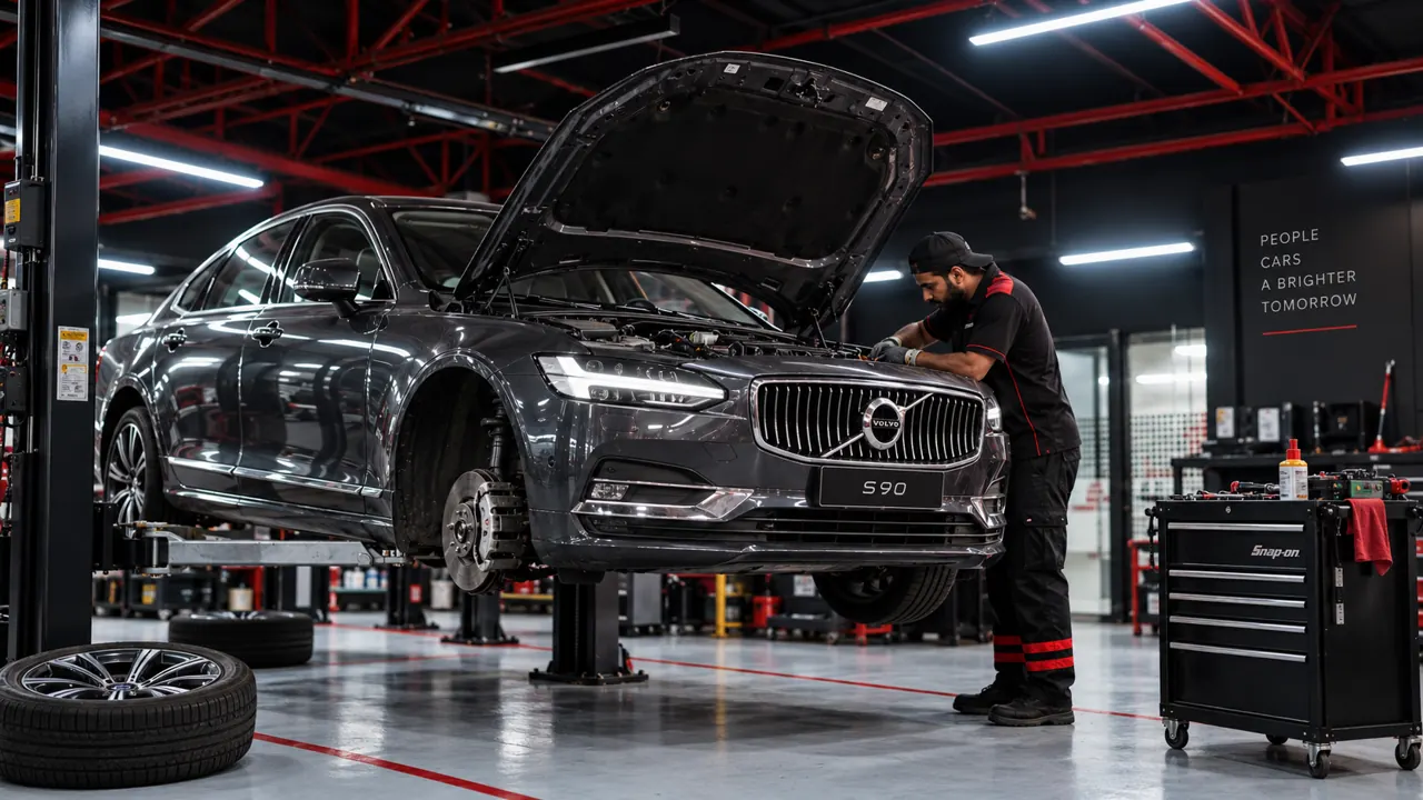 A technician working on a Volvo S90 on a lift in the bay at Al Zaabi Autocare, Mussafah