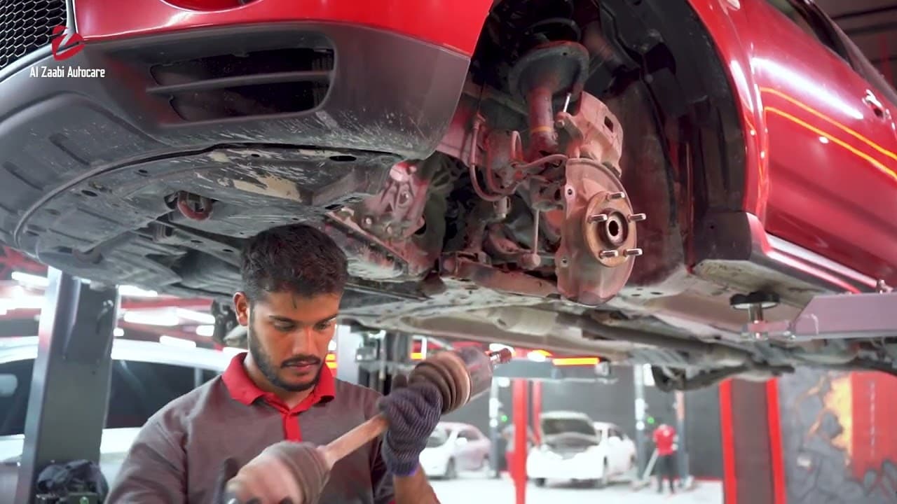 A car on the ramp at Al Zaabi Autocare, Mussafah